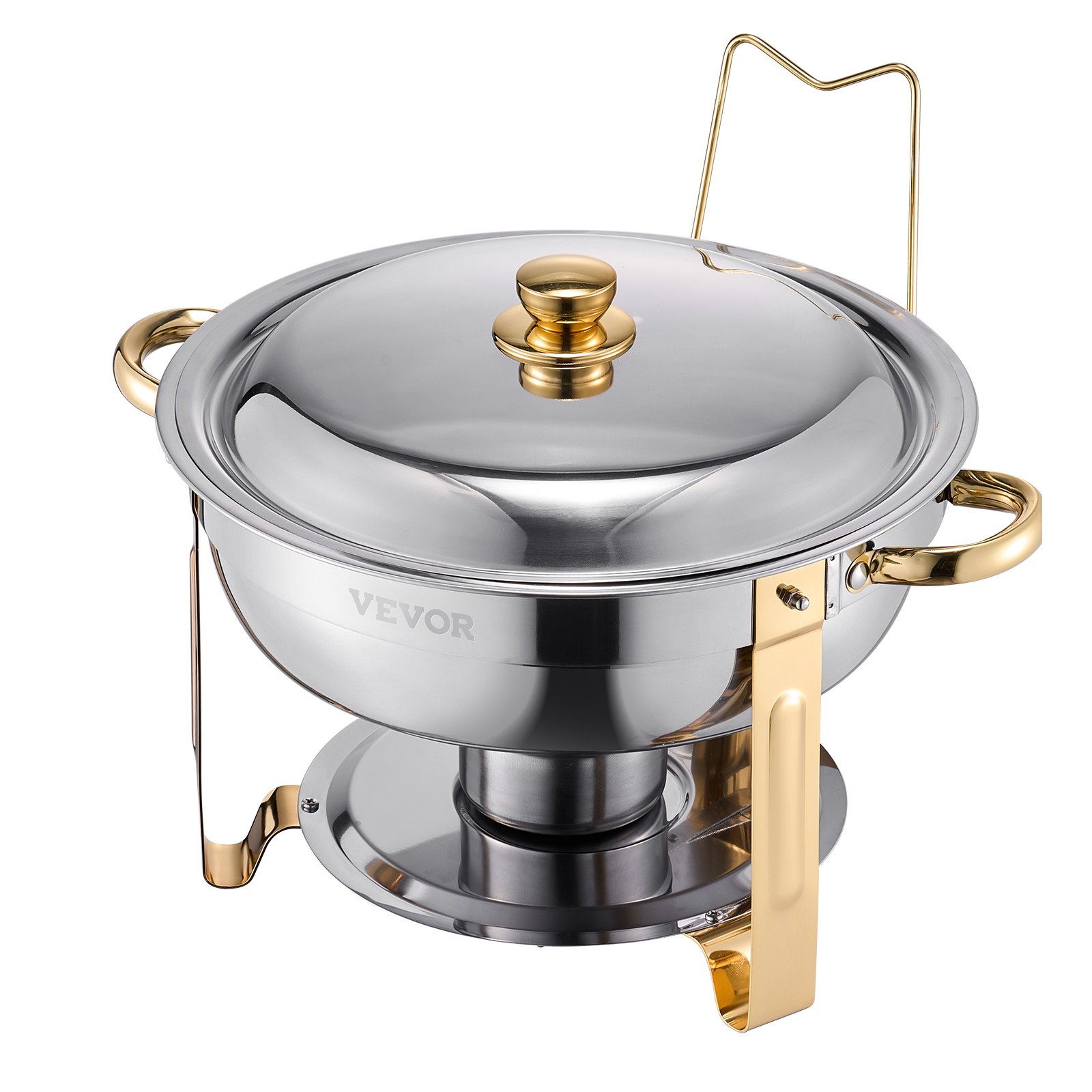 VEVOR Chafing Dish Buffet Set, 5 Qt 4 Pack, Stainless Steel Chafer with 4 Full Size Pans, Round Catering Warmer Server with Lid Water Pan Folding Stand Clip, for Weddings Parties Banquets, Gold