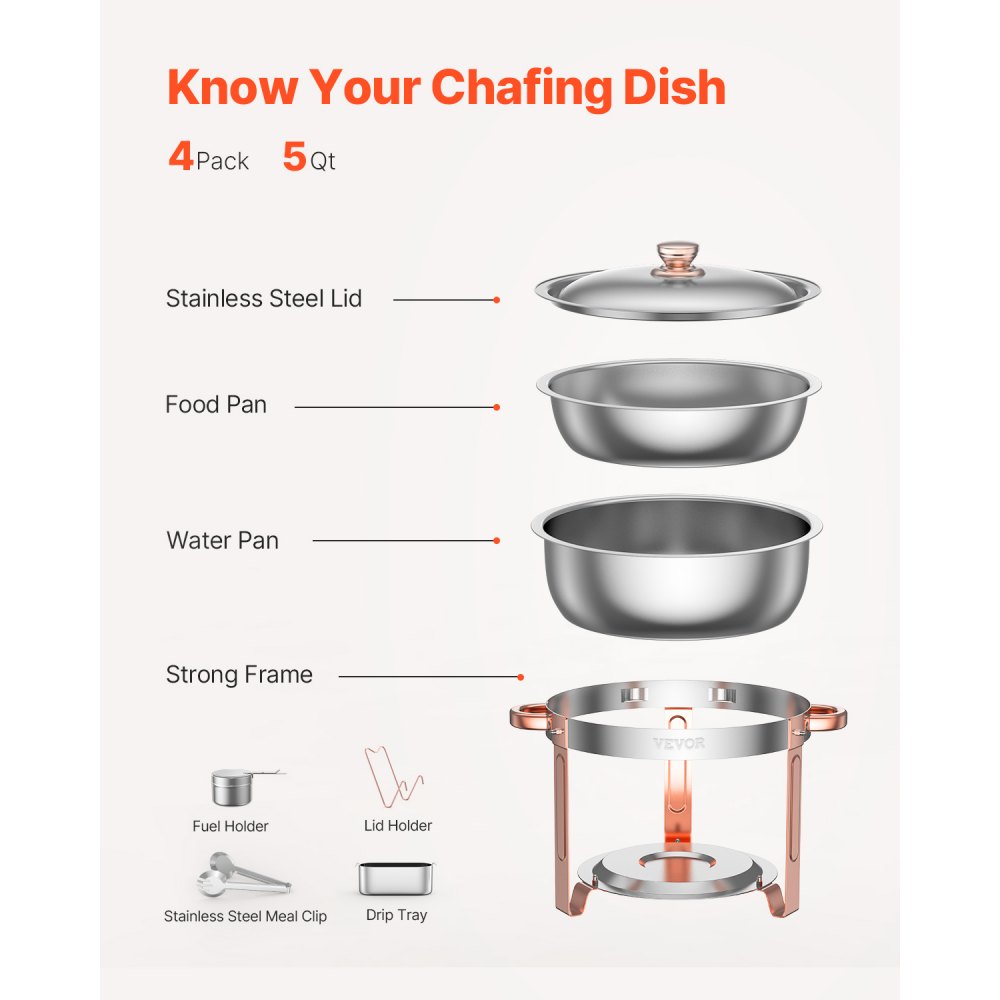 VEVOR Chafing Dish Buffet Set, 5 Qt 4 Pack, Stainless Steel Chafer with 4 Full Size Pans, Round Catering Warmer Server with Lid Water Pan Folding Stand Clip, for Weddings Parties Banquets, Rose Gold