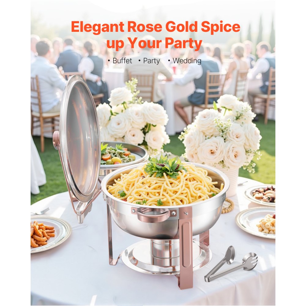 VEVOR Chafing Dish Buffet Set, 5 Qt 4 Pack, Stainless Steel Chafer with 4 Full Size Pans, Round Catering Warmer Server with Lid Water Pan Folding Stand Clip, for Weddings Parties Banquets, Rose Gold
