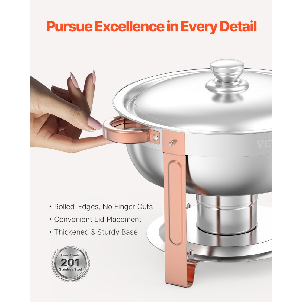 VEVOR Chafing Dish Buffet Set, 5 Qt 4 Pack, Stainless Steel Chafer with 4 Full Size Pans, Round Catering Warmer Server with Lid Water Pan Folding Stand Clip, for Weddings Parties Banquets, Rose Gold