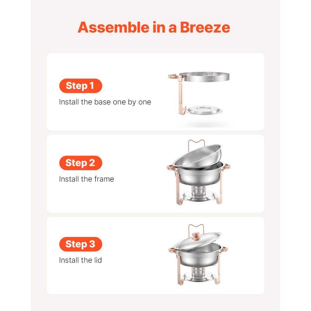 VEVOR Chafing Dish Buffet Set, 5 Qt 4 Pack, Stainless Steel Chafer with 4 Full Size Pans, Round Catering Warmer Server with Lid Water Pan Folding Stand Clip, for Weddings Parties Banquets, Rose Gold