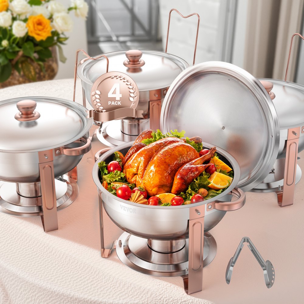 VEVOR Chafing Dish Buffet Set, 5 Qt 4 Pack, Stainless Steel Chafer with 4 Full Size Pans, Round Catering Warmer Server with Lid Water Pan Folding Stand Clip, for Weddings Parties Banquets, Rose Gold