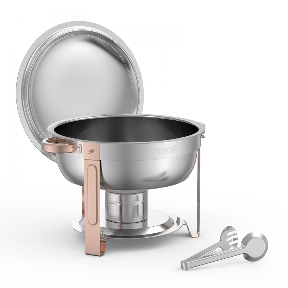 VEVOR Chafing Dish Buffet Set, 5 Qt 4 Pack, Stainless Steel Chafer with 4 Full Size Pans, Round Catering Warmer Server with Lid Water Pan Folding Stand Clip, for Weddings Parties Banquets, Rose Gold