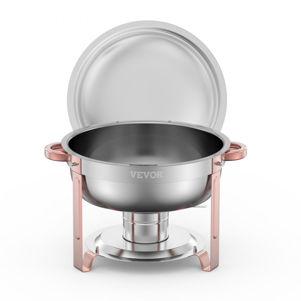 VEVOR - Juego de 4 platos para calentar alimentos de acero inoxidable de 5 cuartos de galón con 4 bandejas de tamaño completo, calentador redondo para catering con tapa y soporte plegable, para bodas, fiestas y banquetes, color oro rosa