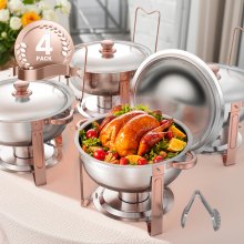 5 Qt 4 Pack Round Chafing Dish Buffet Set Fullsize Pan Stainless Steel Rose Gold