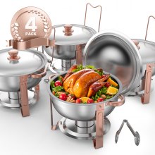 5 Qt 4 Pack Round Chafing Dish Buffet Set Fullsize Pan Stainless Steel Rose Gold