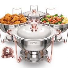 VEVOR Chafing Dish Buffet Set, 5 Qt 4 Pack, Stainless Steel Chafer with 4 Full Size Pans, Round Catering Warmer Server with Lid Water Pan Folding Stand Clip, for Weddings Parties Banquets, Rose Gold