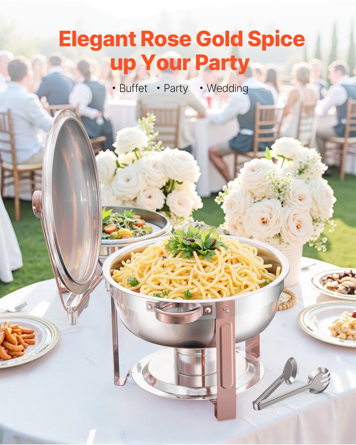 VEVOR Chafing Dish Buffet Set, 5 Qt 4 Pack, Stainless Steel Chafer with 4 Full Size Pans, Round Catering Warmer Server with Lid Water Pan Folding Stand Clip, for Weddings Parties Banquets, Rose Gold