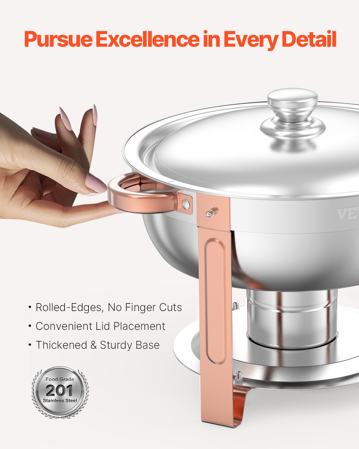 VEVOR Chafing Dish Buffet Set, 5 Qt 4 Pack, Stainless Steel Chafer with 4 Full Size Pans, Round Catering Warmer Server with Lid Water Pan Folding Stand Clip, for Weddings Parties Banquets, Rose Gold