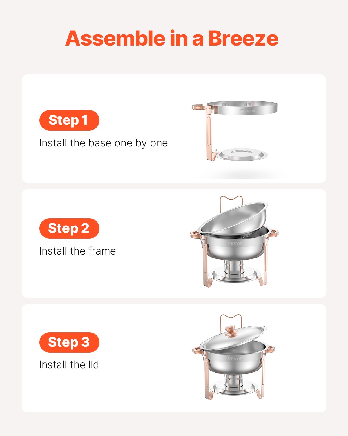 VEVOR Chafing Dish Buffet Set, 5 Qt 4 Pack, Stainless Steel Chafer with 4 Full Size Pans, Round Catering Warmer Server with Lid Water Pan Folding Stand Clip, for Weddings Parties Banquets, Rose Gold