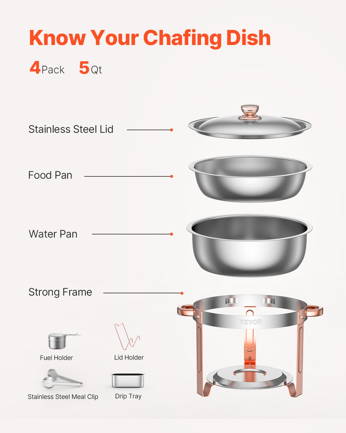 VEVOR Chafing Dish Buffet Set, 5 Qt 4 Pack, Stainless Steel Chafer with 4 Full Size Pans, Round Catering Warmer Server with Lid Water Pan Folding Stand Clip, for Weddings Parties Banquets, Rose Gold
