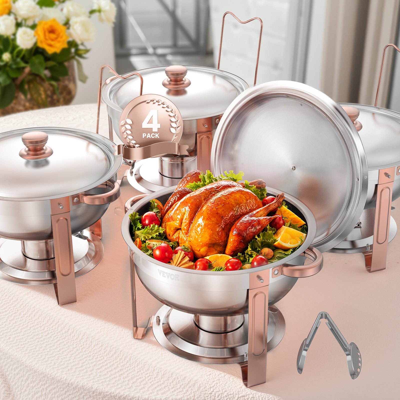 VEVOR Chafing Dish Buffet Set, 5 Qt 4 Pack, Stainless Steel Chafer with 4 Full Size Pans, Round Catering Warmer Server with Lid Water Pan Folding Stand Clip, for Weddings Parties Banquets, Rose Gold