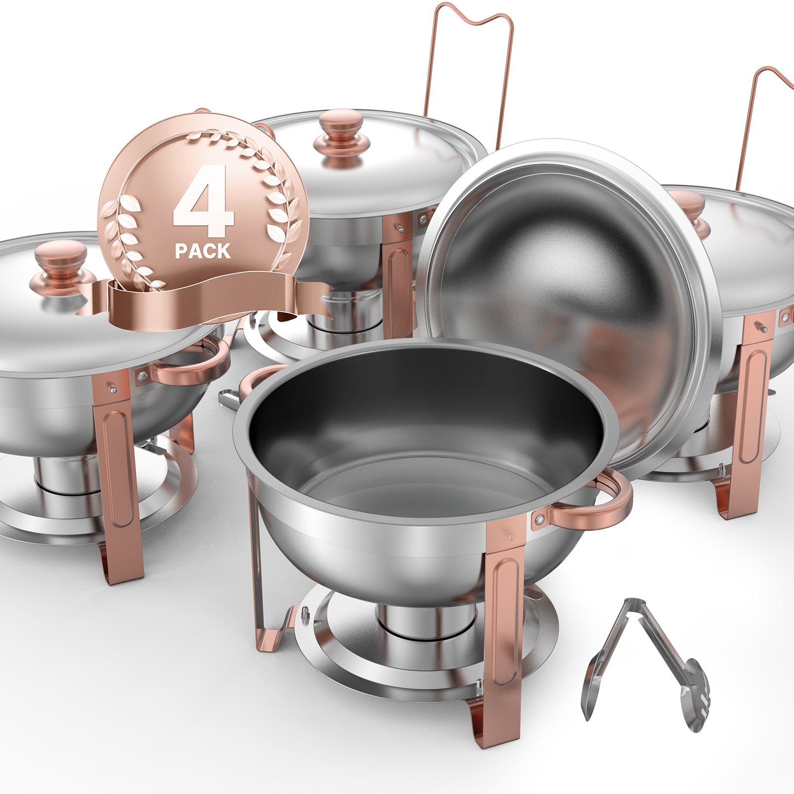 VEVOR Chafing Dish Buffet Set, 5 Qt 4 Pack, Stainless Steel Chafer with 4 Full Size Pans, Round Catering Warmer Server with Lid Water Pan Folding Stand Clip, for Weddings Parties Banquets, Rose Gold
