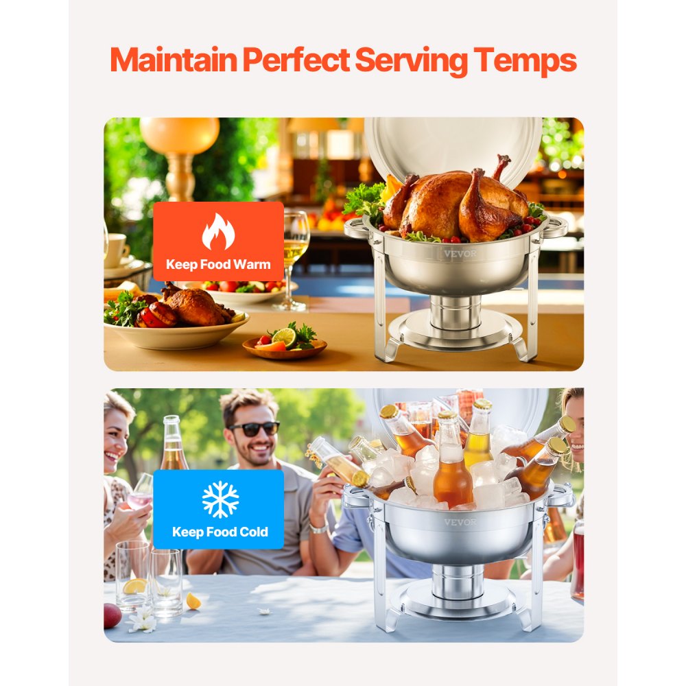 Sada na ohřívání nádobí VEVOR Chafing Dish Buffet, balení po 4 kusech, nerezová ocelová podnosná miska se 4 pánvemi plné velikosti, kulatý ohřívač na catering s víkem, skládací stojánek, klip, pro svatby, večírky, bankety, stříbrná