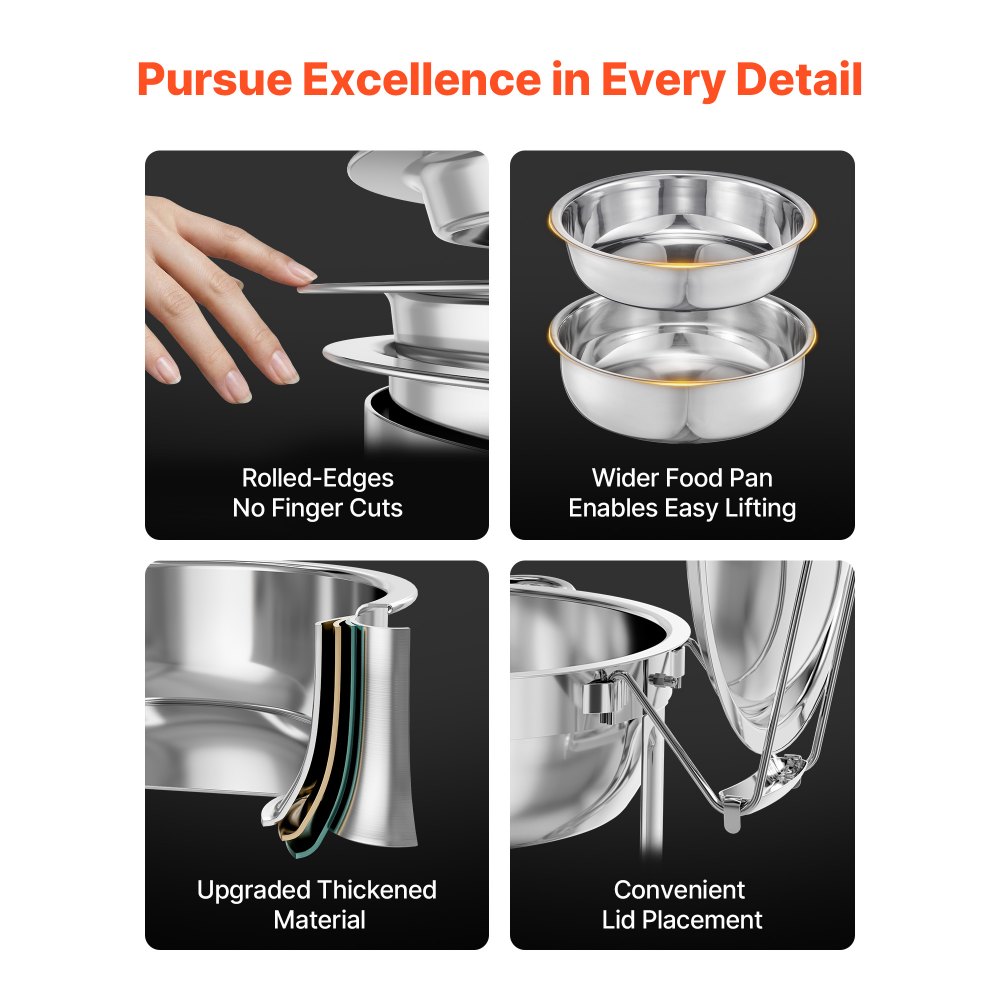 VEVOR Chafing Dish Buffet Set, 5 Qt 4 Pack, Stainless Steel Chafer with 4 Full Size Pans, Round Catering Warmer Server with Lid Water Pan Folding Stand Clip, for Weddings Parties Banquets, Silver