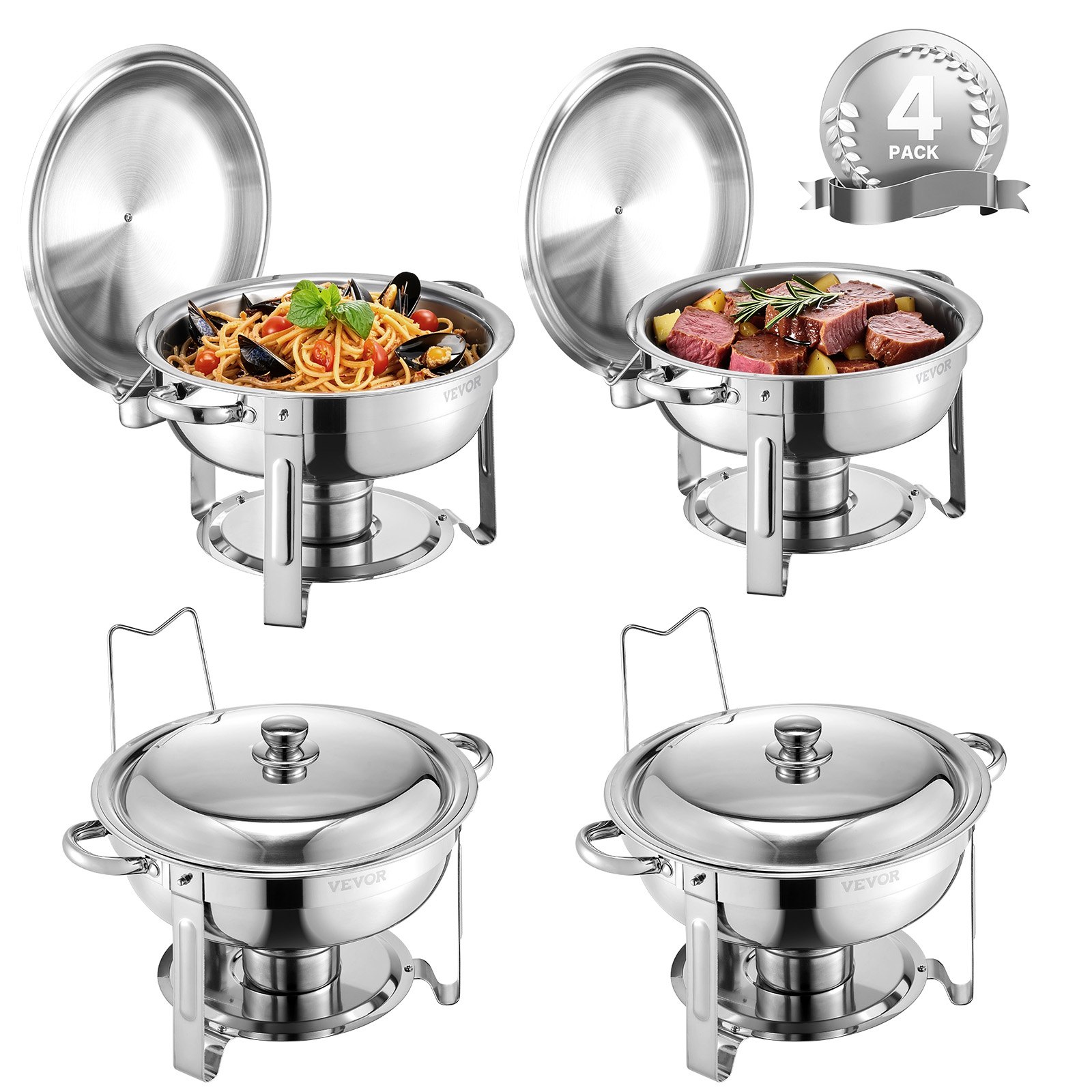 VEVOR Chafing Dish Buffet Set, 5 Qt 4 Pack, Stainless Steel Chafer with 4 Full Size Pans, Round Catering Warmer Server with Lid Water Pan Folding Stand Clip, for Weddings Parties Banquets, Silver
