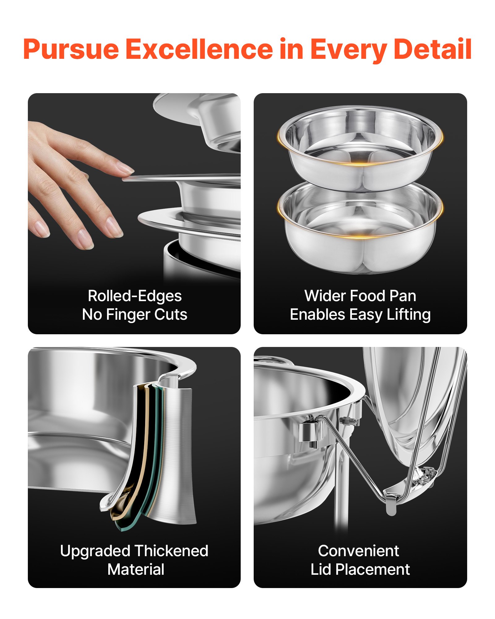 VEVOR Chafing Dish Buffet Set, 5 Qt 4 Pack, Stainless Steel Chafer with 4 Full Size Pans, Round Catering Warmer Server with Lid Water Pan Folding Stand Clip, for Weddings Parties Banquets, Silver