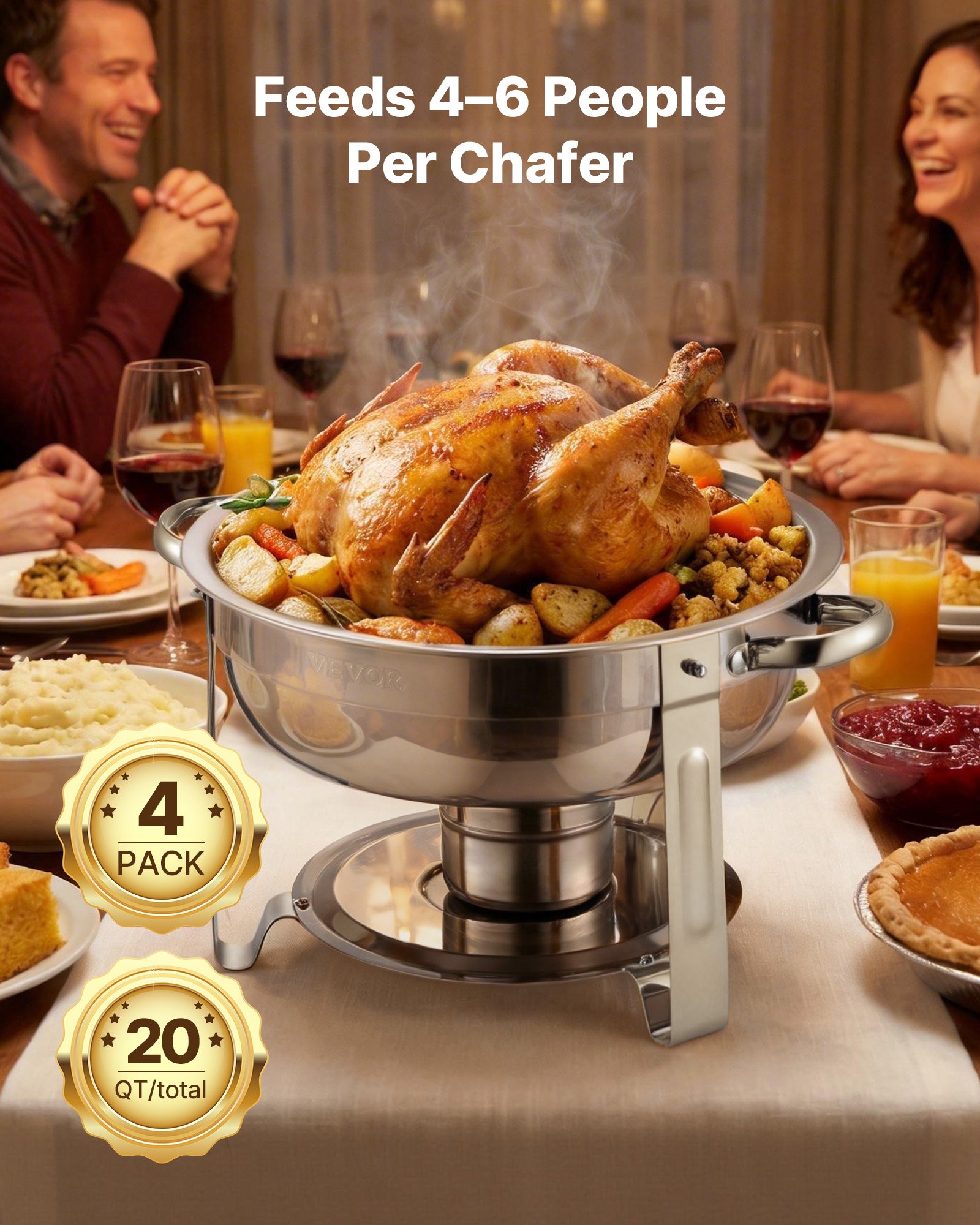 VEVOR Chafing Dish Buffet Set, 5 Qt 4 Pack, Stainless Steel Chafer with 4 Full Size Pans, Round Catering Warmer Server with Lid Water Pan Folding Stand Clip, for Weddings Parties Banquets, Silver