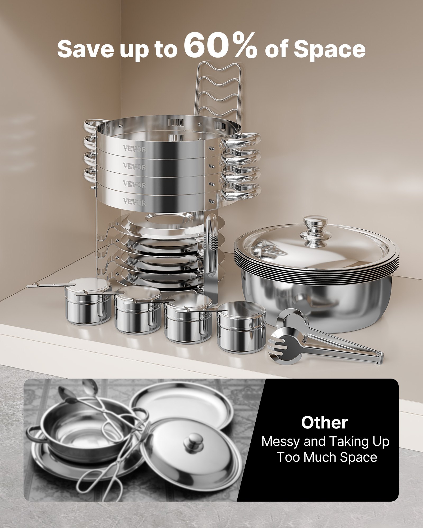 VEVOR Chafing Dish Buffet Set, 5 Qt 4 Pack, Stainless Steel Chafer with 4 Full Size Pans, Round Catering Warmer Server with Lid Water Pan Folding Stand Clip, for Weddings Parties Banquets, Silver