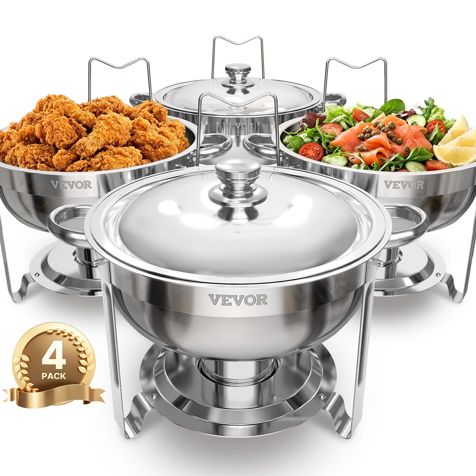 VEVOR Chafing Dish Buffet Set, 5 Qt 4 Pack, Stainless Steel Chafer with 4 Full Size Pans, Round Catering Warmer Server with Lid Water Pan Folding Stand Clip, for Weddings Parties Banquets, Silver