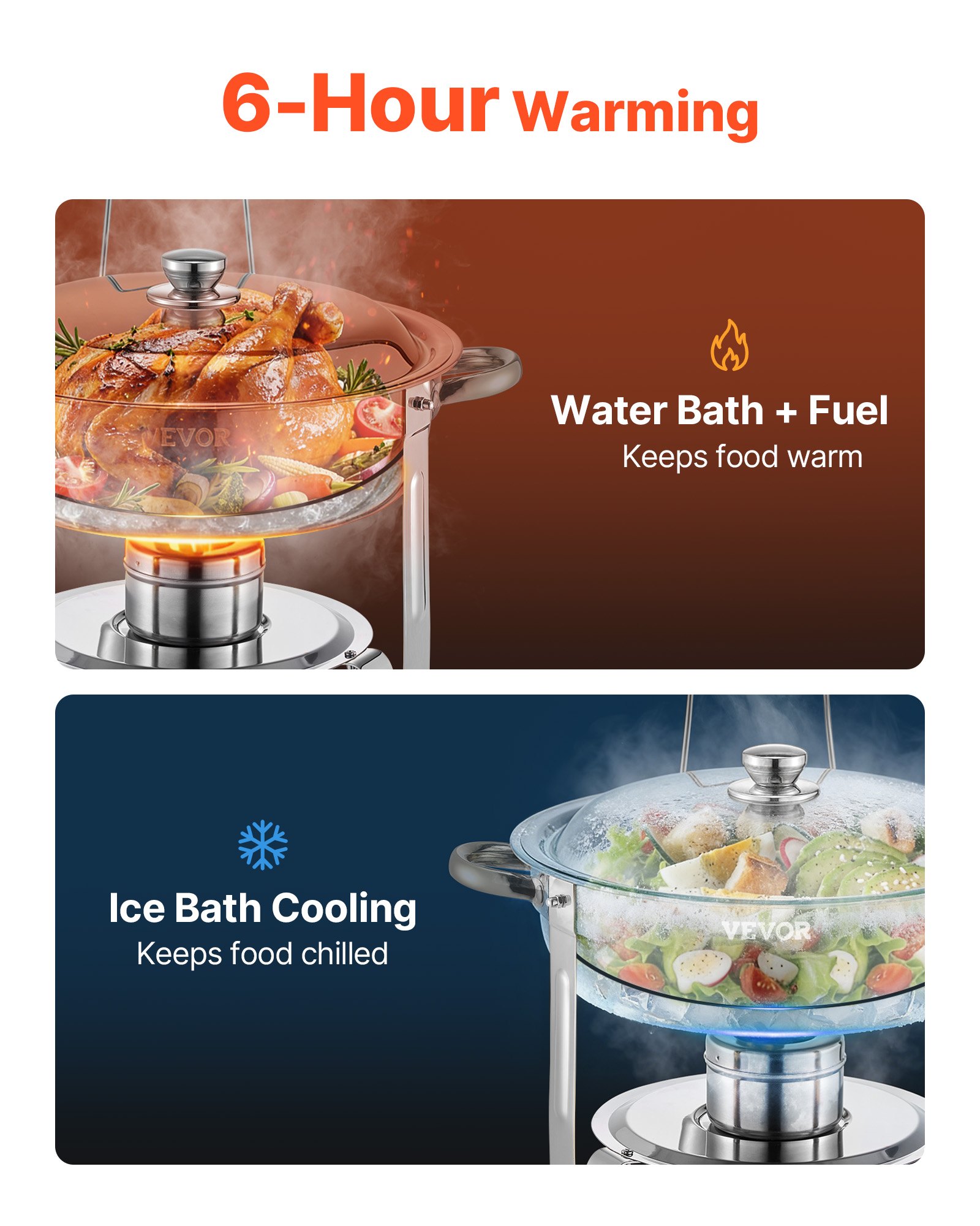 VEVOR Chafing Dish Buffet Set, 5 Qt 4 Pack, Stainless Steel Chafer with 4 Full Size Pans, Round Catering Warmer Server with Lid Water Pan Folding Stand Clip, for Weddings Parties Banquets, Silver
