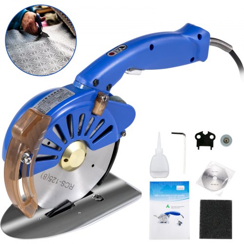 Cortador de tela VEVOR 125 mm Cortador de tela rotatorio 39 mm Altura de corte Cortador rotativo eléctrico azul Motor de cobre con tijeras eléctricas de velocidad ajustable de bajo ruido para cortar tela y cuero