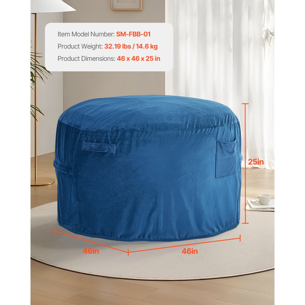 VEVOR Bean Bag Chair, Round BeanBag Chair with Removable & Washable Cover for Adult, Dutch Velvet & High-Density Foam Filling Adult Bean Bag with Handle and Side Pocket for Living Room, Bedroom, Blue