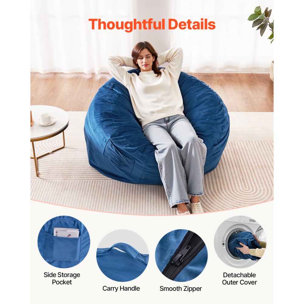 VEVOR Bean Bag Chair, Round BeanBag Chair with Removable & Washable Cover for Adult, Dutch Velvet & High-Density Foam Filling Adult Bean Bag with Handle and Side Pocket for Living Room, Bedroom, Blue