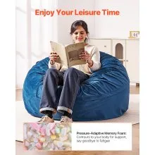 VEVOR Bean Bag Chair, Round BeanBag Chair with Removable & Washable Cover for Adult, Dutch Velvet & High-Density Foam Filling Adult Bean Bag with Handle and Side Pocket for Living Room, Bedroom, Blue