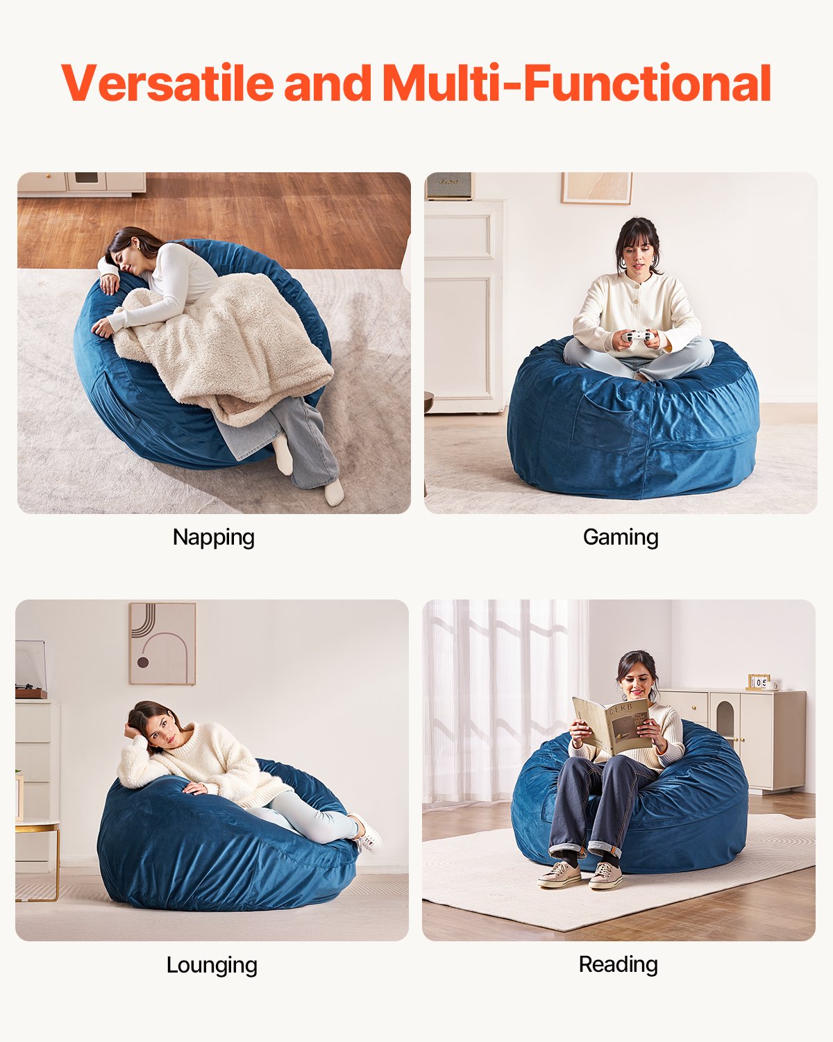 VEVOR Bean Bag Chair, Round BeanBag Chair with Removable & Washable Cover for Adult, Dutch Velvet & High-Density Foam Filling Adult Bean Bag with Handle and Side Pocket for Living Room, Bedroom, Blue