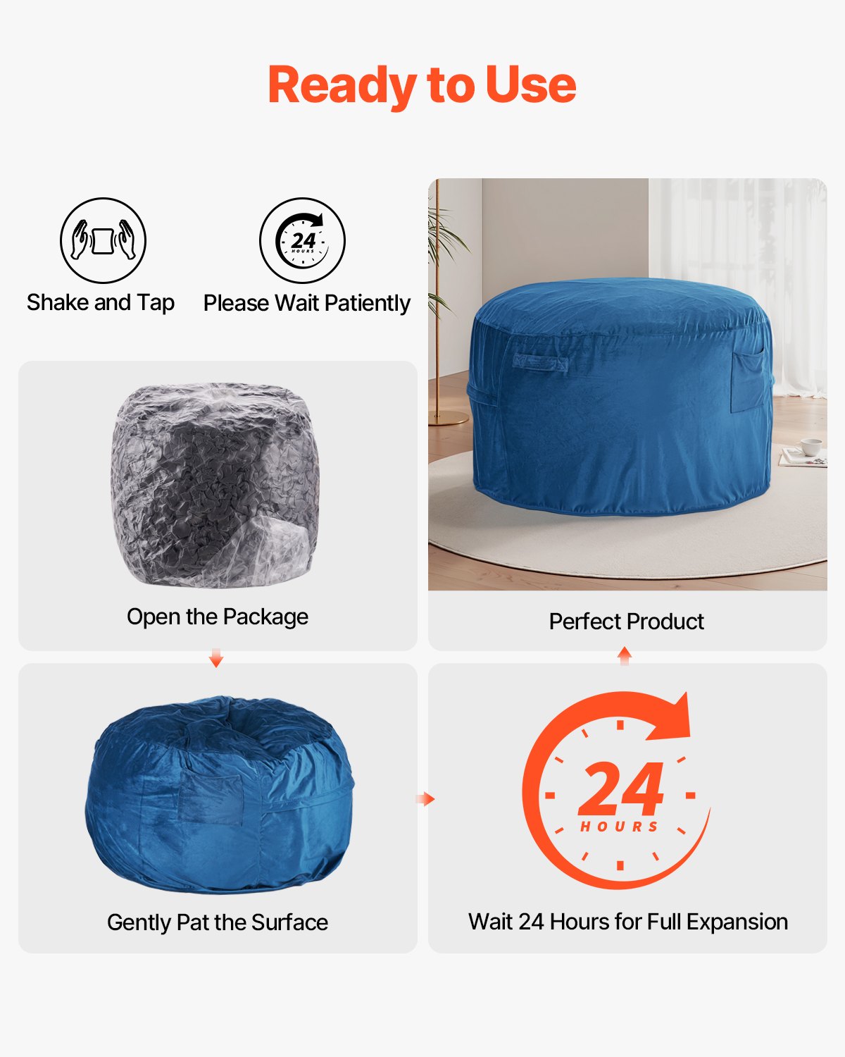 VEVOR Bean Bag Chair, Round BeanBag Chair with Removable & Washable Cover for Adult, Dutch Velvet & High-Density Foam Filling Adult Bean Bag with Handle and Side Pocket for Living Room, Bedroom, Blue