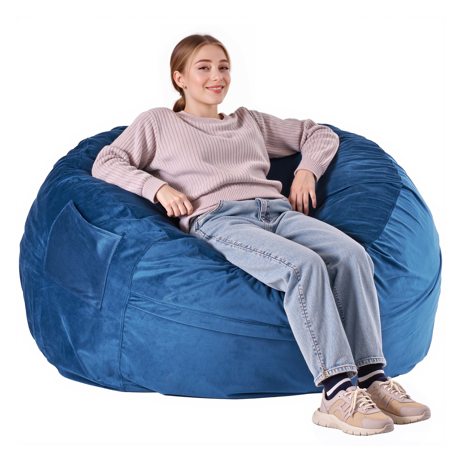 VEVOR Bean Bag Chair, Round BeanBag Chair with Removable & Washable Cover for Adult, Dutch Velvet & High-Density Foam Filling Adult Bean Bag with Handle and Side Pocket for Living Room, Bedroom, Blue