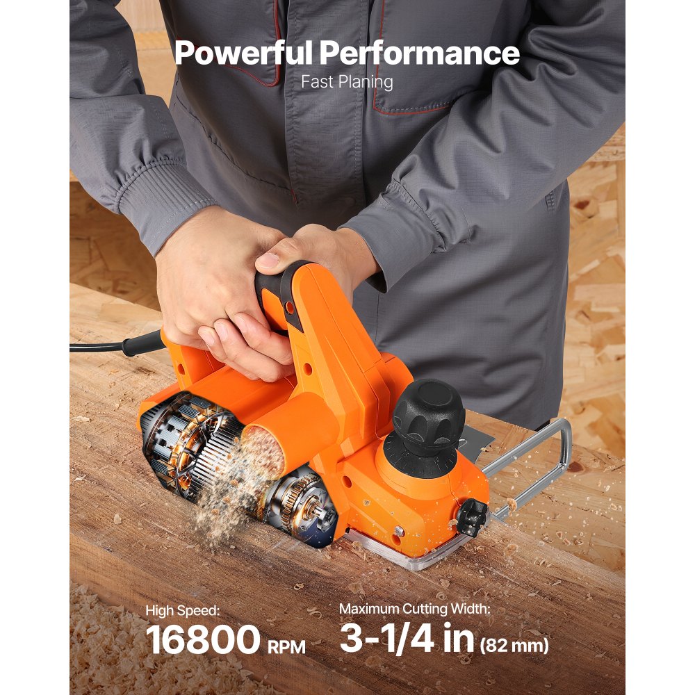 VEVOR Electric Hand Planer, 3-1/4-Inch Cut Width, 7-Amp 16800 RPM Corded Power Handheld Planer for Wood, with Adjustable Cut Depth, 2 Blades, for Woodworking Wood Chamfer DIY Smooth Finish Carpentry
