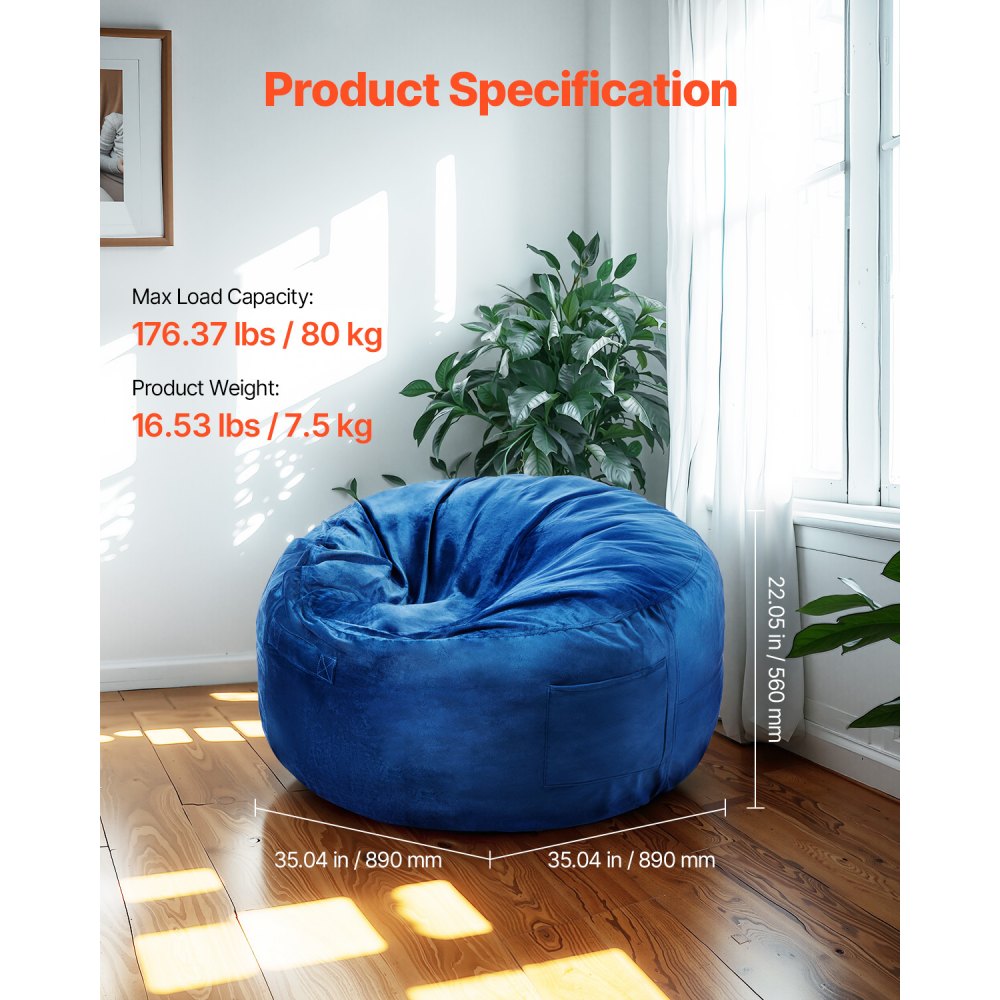VEVOR Bean Bag Chair, 3 feet Round Bean Bag Chair with Removable and Washable Cover, 25D Memory Foam Filled with Soft and Smooth Dutch Velvet, Bean Bag for Bedroom or Playroom, Blue