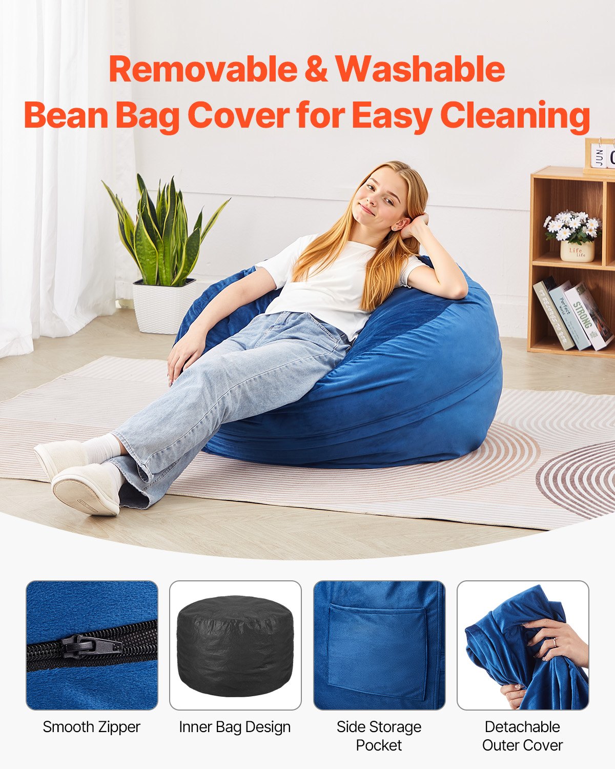 VEVOR Bean Bag Chair, 3 feet Round Bean Bag Chair with Removable and Washable Cover, 25D Memory Foam Filled with Soft and Smooth Dutch Velvet, Bean Bag for Bedroom or Playroom, Blue