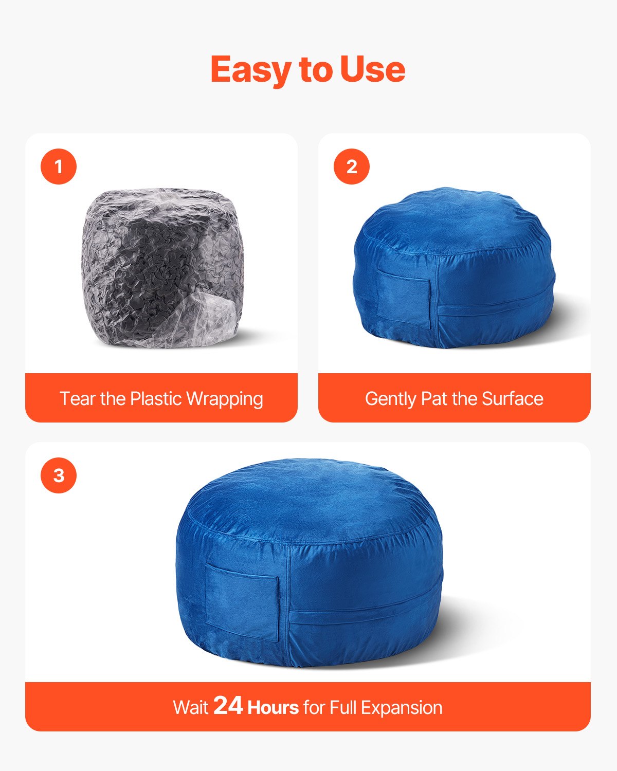 VEVOR Bean Bag Chair, 91 cm Round Bean Bag Chair with Removable and Washable Cover, 25D Memory Foam Filled with Soft and Smooth Dutch Velvet, Bean Bag for Bedroom or Playroom, Blue