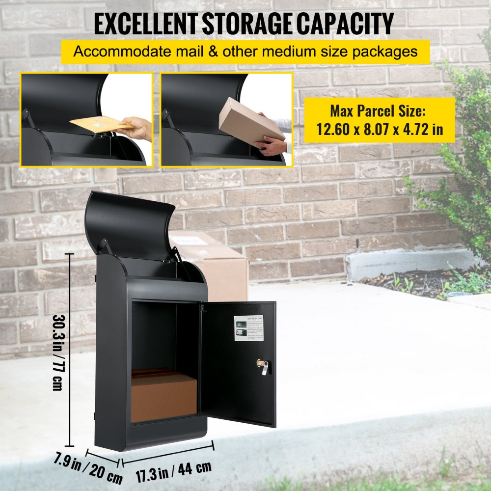 Wall Mount Mailbox Drop Box Steel Extra Large Mailbox With Locked Key, Black