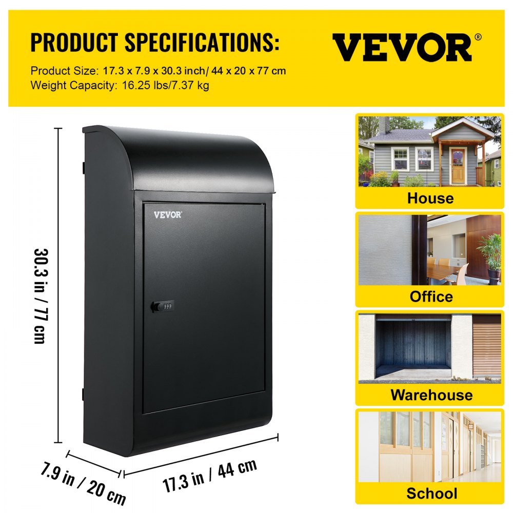 Wall Mount Mailbox Drop Box Steel Extra Large Mailbox With Locked Key, Black