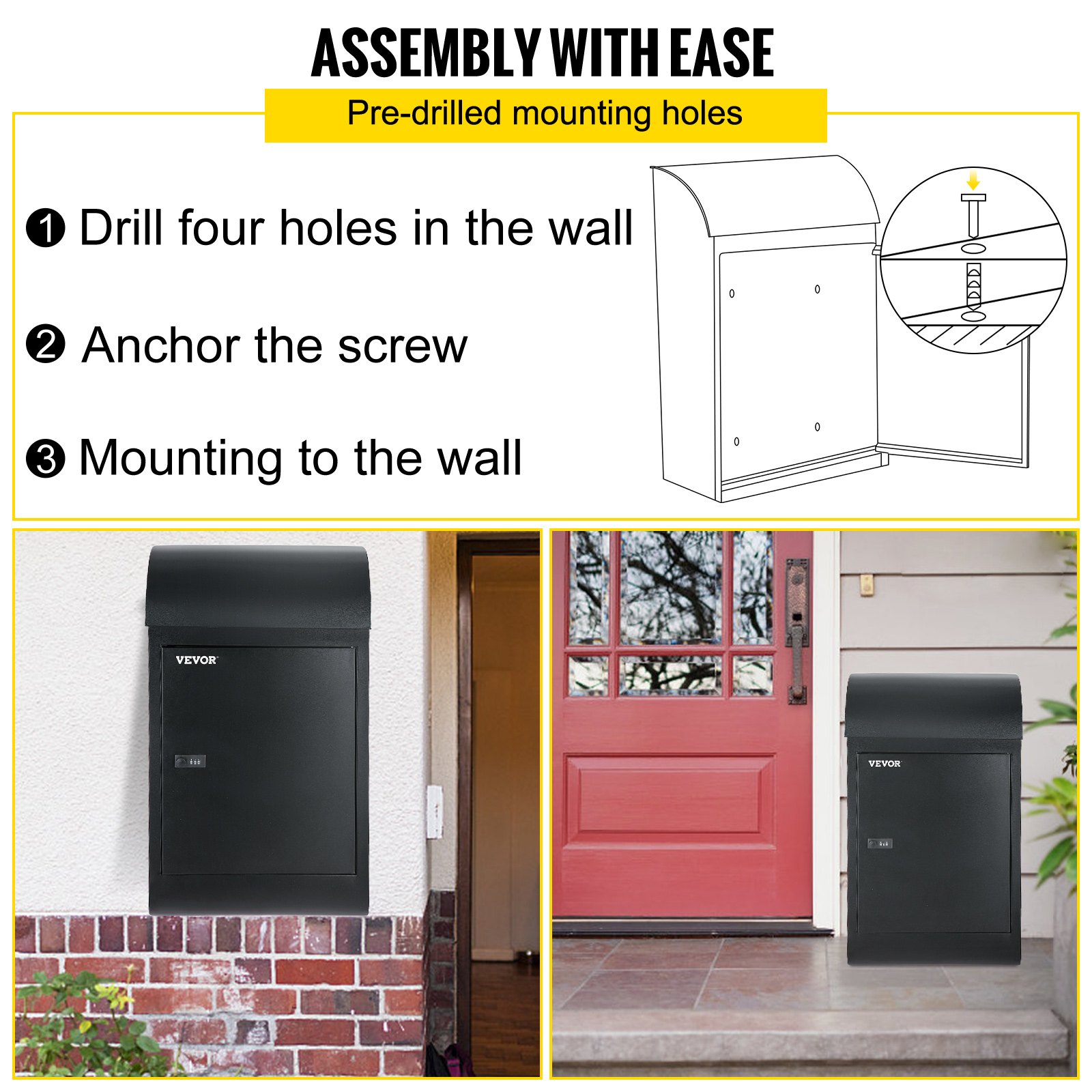 Wall Mount Mailbox Drop Box Steel Extra Large Mailbox With Locked Key, Black