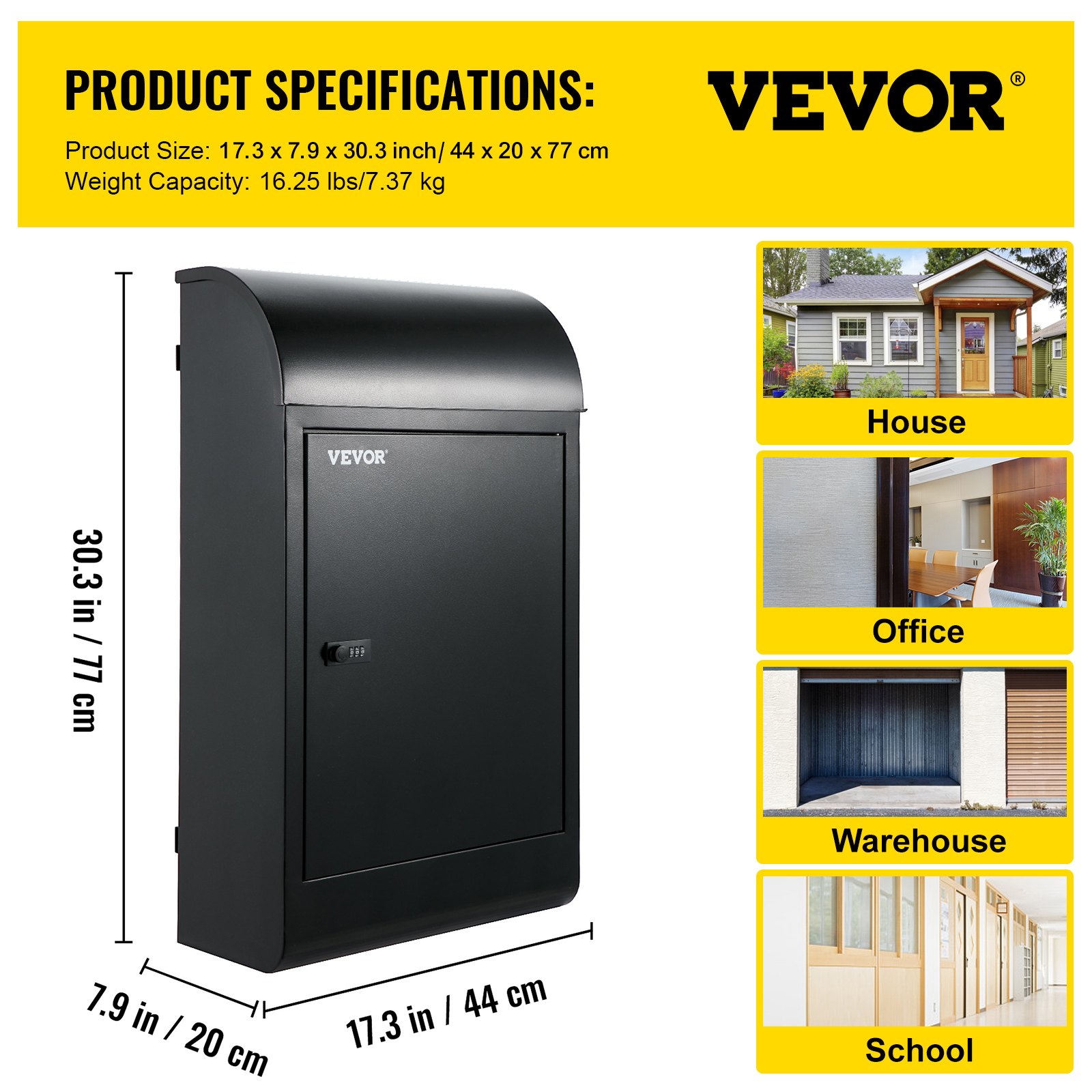 Wall Mount Mailbox Drop Box Steel Extra Large Mailbox With Locked Key, Black