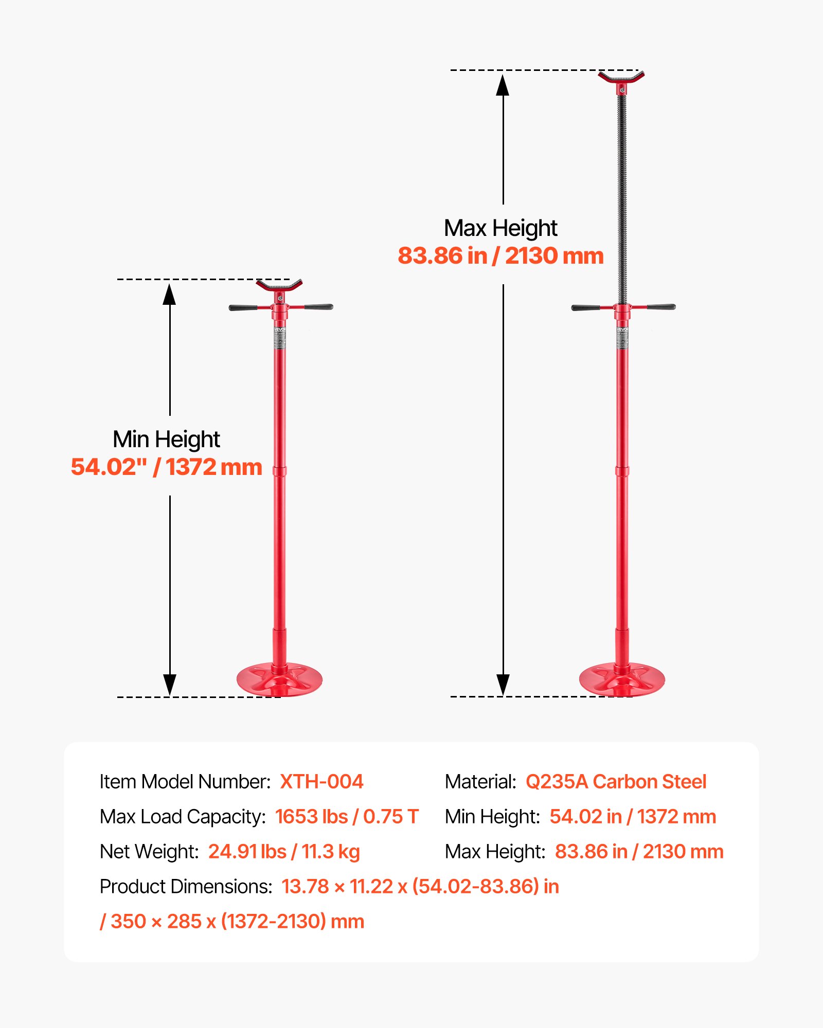 VEVOR Underhoist Support Stand, 3/4 Ton Capacity Under Hoist Jack Stand, Lifting from 1372 to 2130 mm, Bearing Mounted Spin Handle, Self-Locking Threaded Screw, Stable Base, Support Vehicle Components