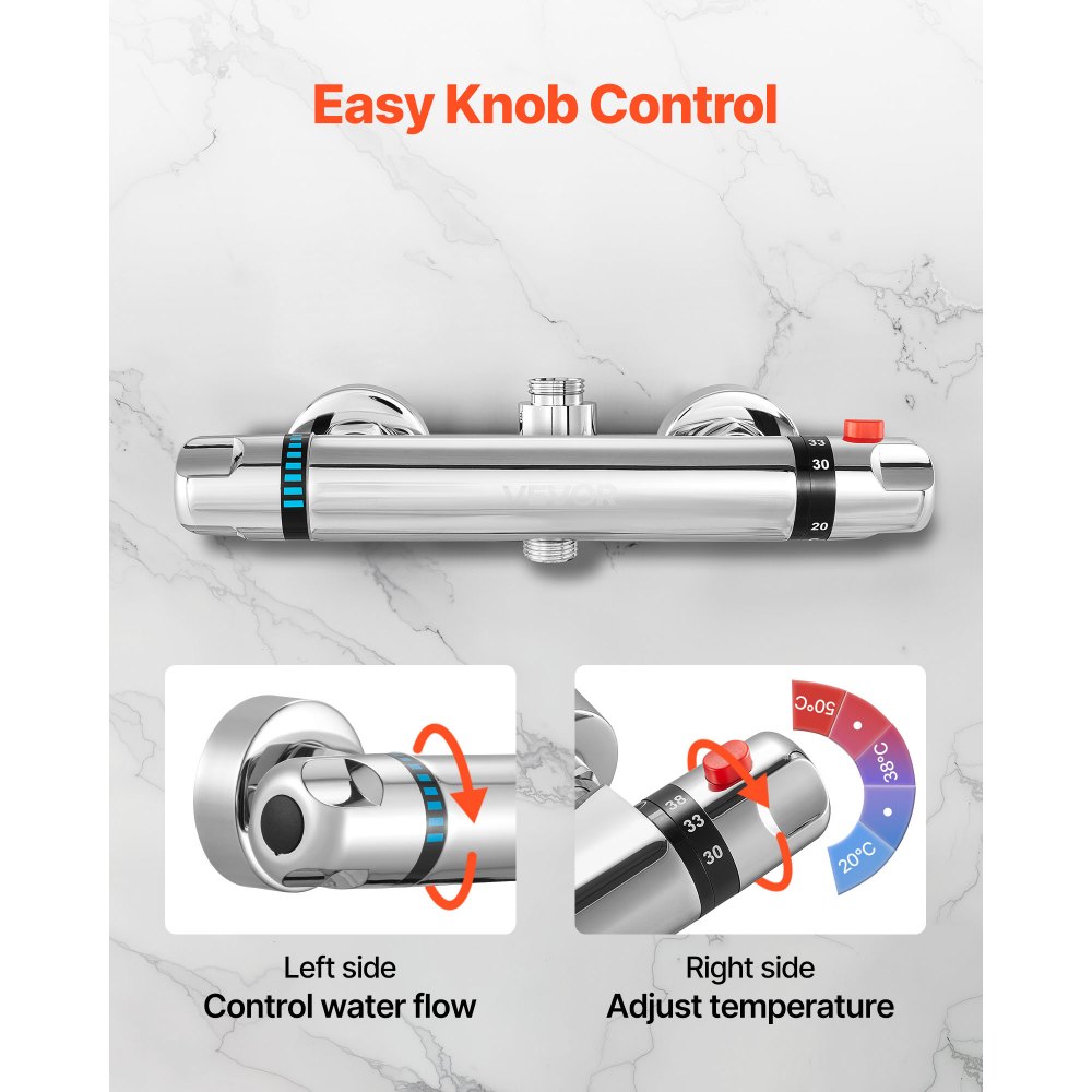 VEVOR Thermostatic Shower Faucet Valve, Anti-Scald 38℃ Secure Lock Thermostatic Shower Mixer Valve, Hot Cold Water Showering Faucet Temperature Control Valves for Bathroom, RV, Chrome-Plated Coating