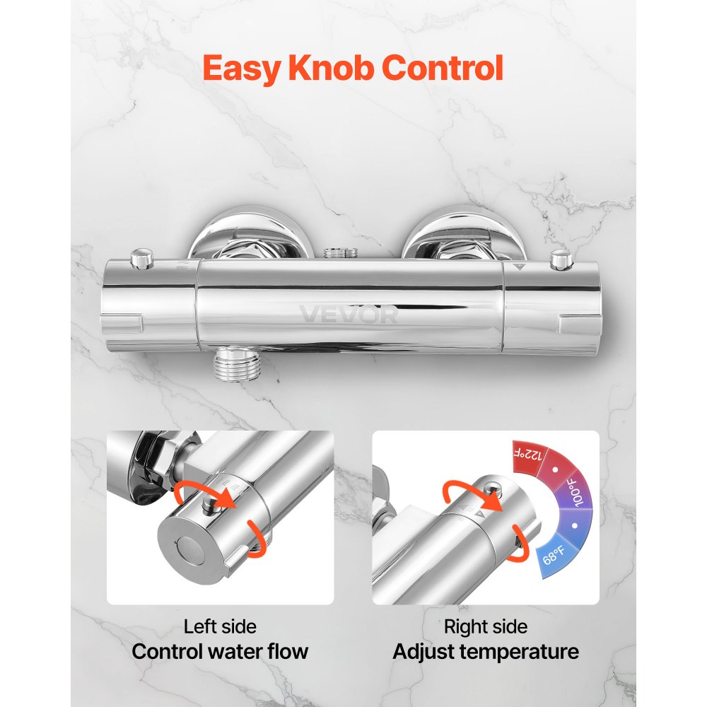 VEVOR Thermostatic Shower Faucet Valve, 100℉ Secure Lock Thermostatic Shower Valve Trim Mixer, Hot Cold Water Showering Faucet Temperature Control Valves for Bathroom, RV, Leak-Proof & Chrome Plated