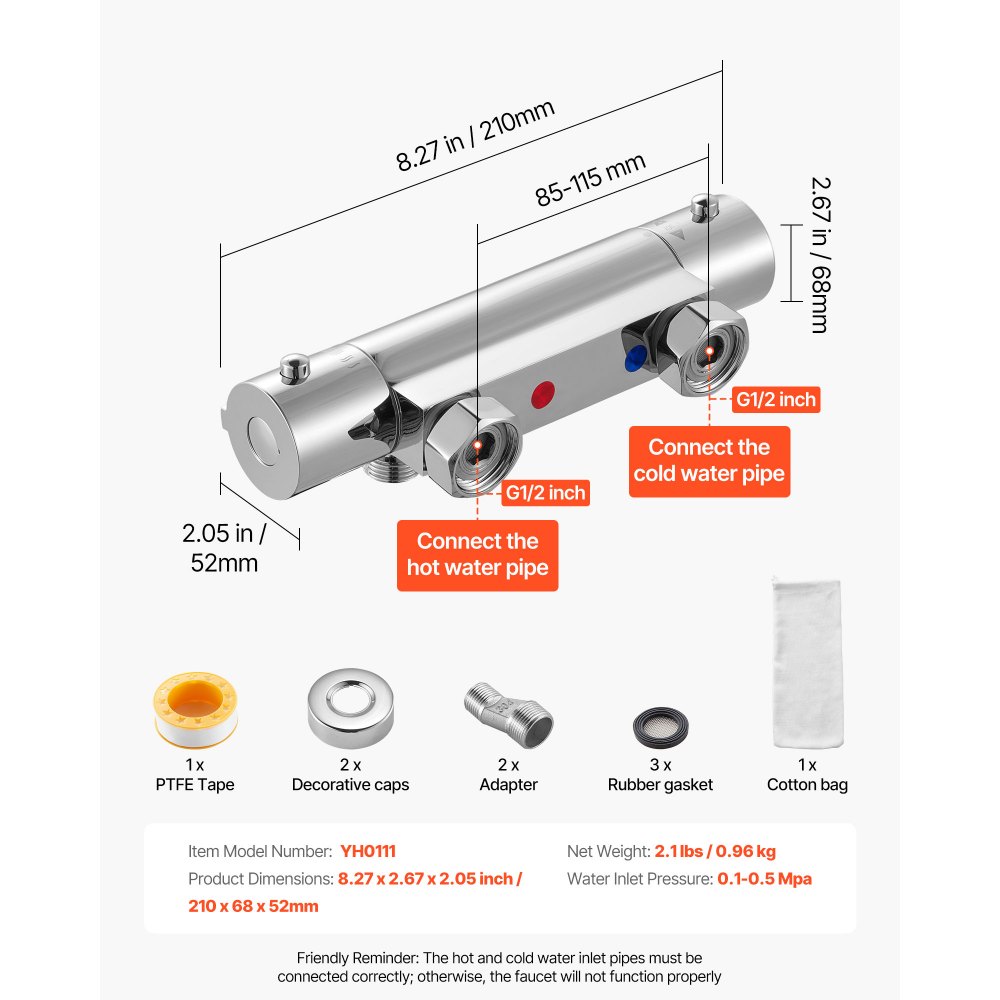 VEVOR Thermostatic Shower Faucet Valve, 100℉ Secure Lock Thermostatic Shower Valve Trim Mixer, Hot Cold Water Showering Faucet Temperature Control Valves for Bathroom, RV, Leak-Proof & Chrome Plated