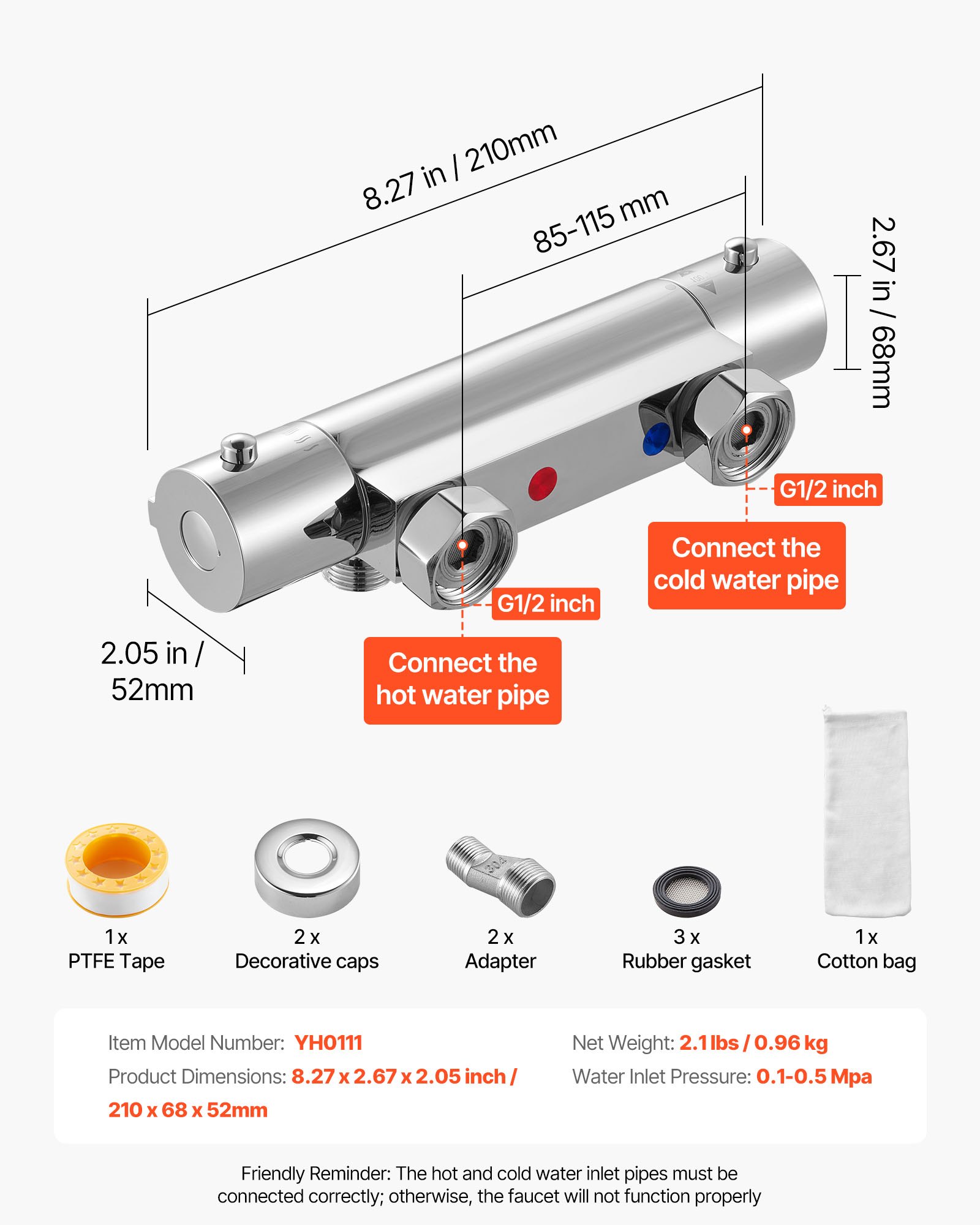 VEVOR Thermostatic Shower Faucet Valve, 100℉ Secure Lock Thermostatic Shower Valve Trim Mixer, Hot Cold Water Showering Faucet Temperature Control Valves for Bathroom, RV, Leak-Proof & Chrome Plated