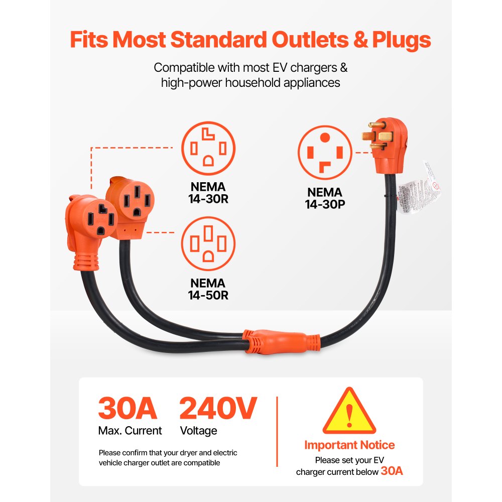VEVOR Y Splitter Adapter, 30 Amp, 4 Prong Outlet 240 Volt Dryer to EV Charger Adapter, NEMA 14-30P to 14-30R/14-50R, with Grip Handle, Heavy Duty 10 AWG STW Wire, for EV Charger Dryer RV