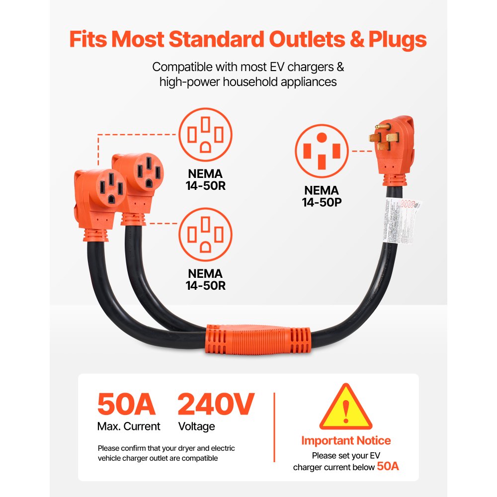 VEVOR Y Splitter Adapter Cord, 50 Amp NEMA 14-50, 4 Prong 240V Splitter for RV and EV, NEMA 14-50P to Dual 14-50R Outlets with Grip Handle, Heavy Duty 6/3+8/1 STW Wire, Outdoor RV Power Extension Cord