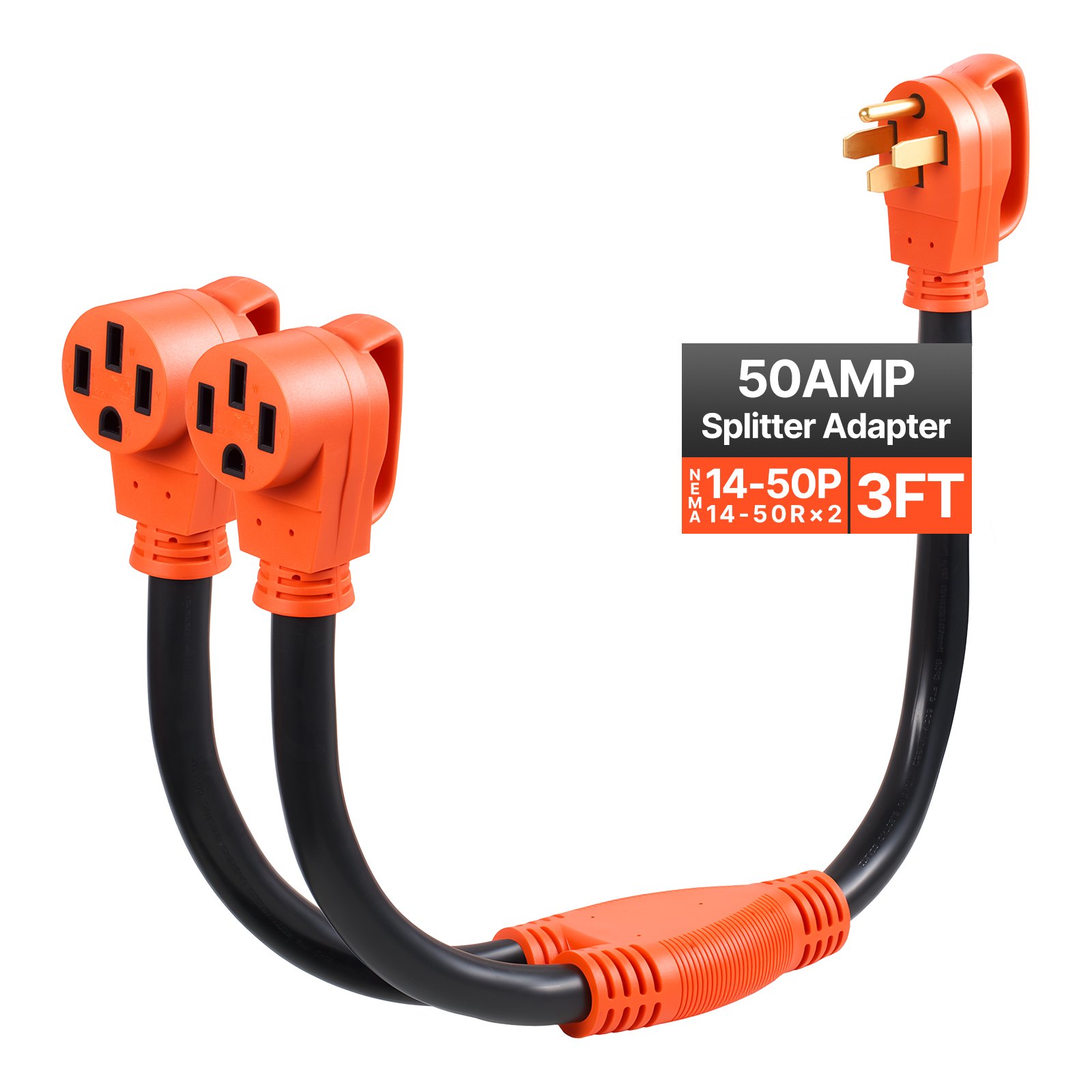 VEVOR Y Splitter Adapter Cord, 50 Amp NEMA 14-50, 4 Prong 240V Splitter for RV and EV, NEMA 14-50P to Dual 14-50R Outlets with Grip Handle, Heavy Duty 6/3+8/1 STW Wire, Outdoor RV Power Extension Cord