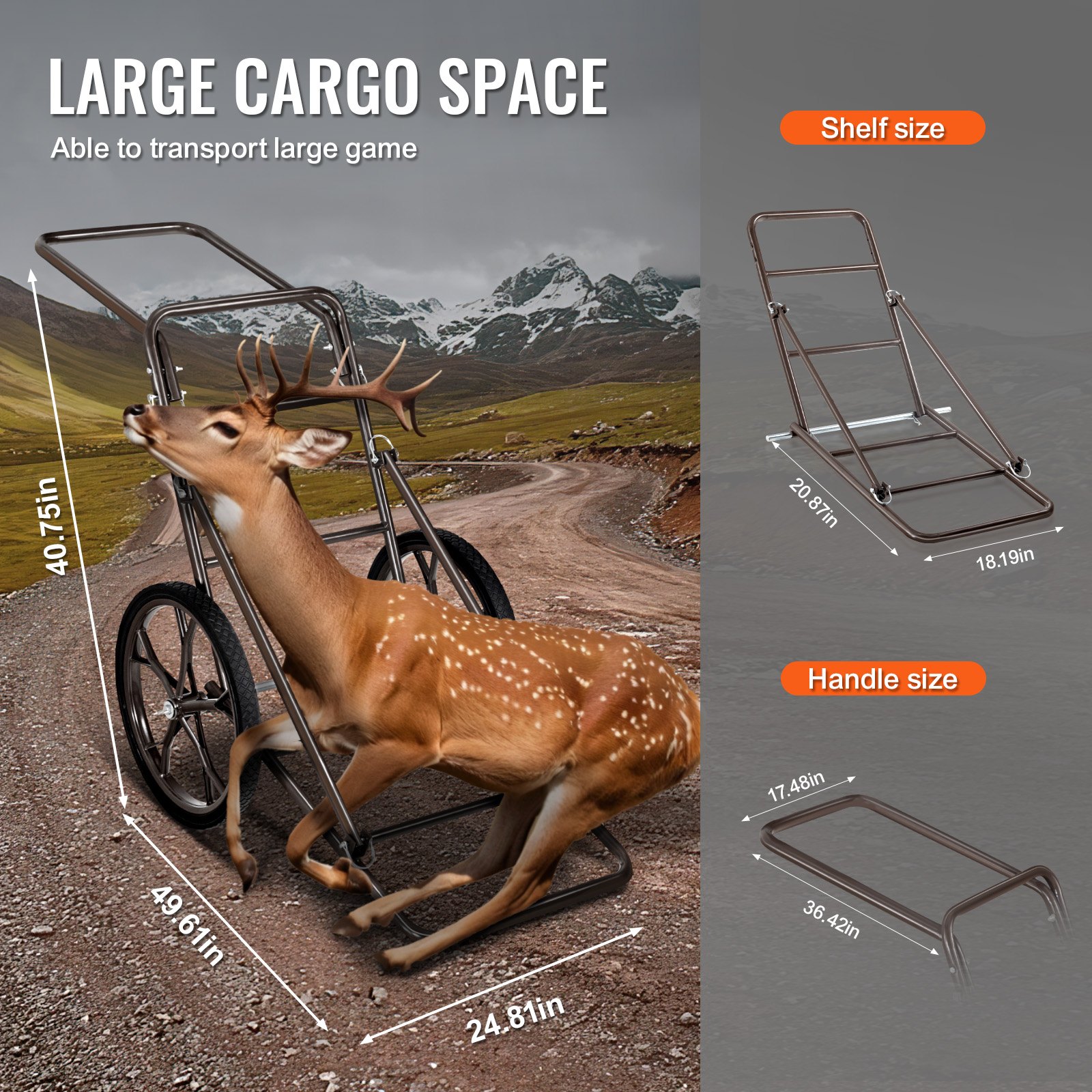 VEVOR Deer Cart, 500 LBS Capacity Folding Game Cart, Deer Cart Game Hauler with 17" Big Rubber Wheel & Ergonomic Handle, Heavy-Duty Game Cart Accessories, Utility Gear Dolly for Hunting Fishing Hiking
