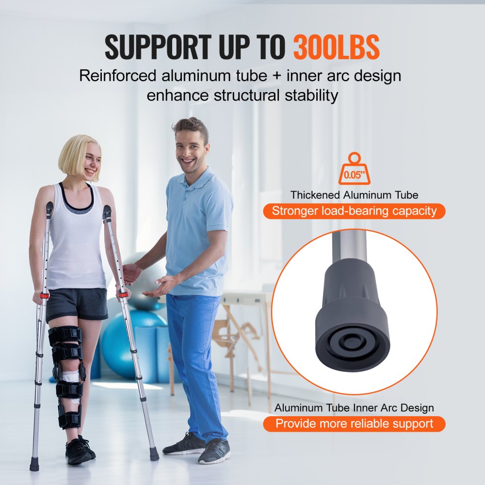 VEVOR Underarm Crutches, 13-Level Height Adjustable Underarm Walking Crutches, Lightweight Aluminum Crutches for Adults Teenager - with Soft Underarm Pad for Leg Injury Surgery Disabled, 1 Pair 300LBS